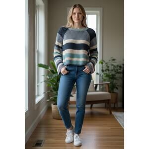 2/$30 RSQ Sweater Size XL Cropped Blue Striped Knit Crew Neck Long Sleeve